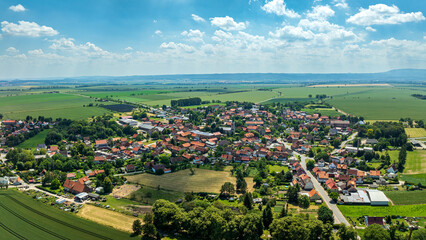 Obraz premium Drone view of Gemeinde Nordharz - Heudeber village in the Harz district, Saxony Anhalt, Germany