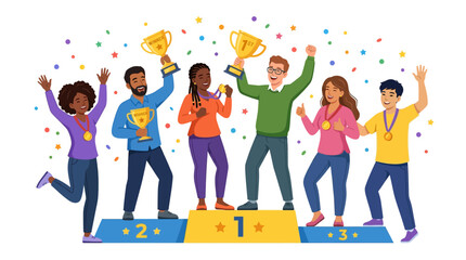 Fototapeta premium Diverse group celebrating victory on podium with trophies and medals, confetti falling.