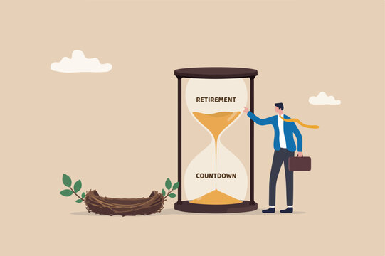 Retirement pension fund, IRA, 401K, Roth or ISA account in UK, investment for money use after retirement concept, businessman standing with countdown timer golden egg move approaching retired age