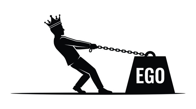 Minimalist vector graphic illustration of a crowned man pulling a heavy weight labeled as ego