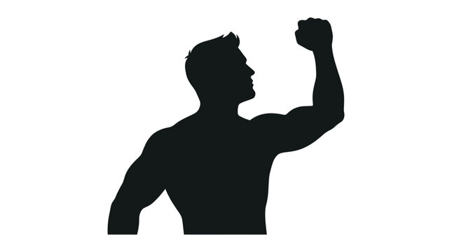 Black vector illustration silhouette of a muscular man flexing his arm to show physical strength