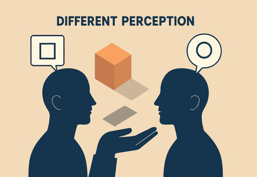 Perception process to interpret information, though or opinion depend on personality or perspective, difference bias or illusion concept, human head looking at object with difference perception