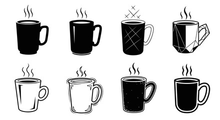 Obraz premium Elegant coffee cup silhouettes with steam and decorative textures isolated on white background minimalist vector icons for morning drink branding