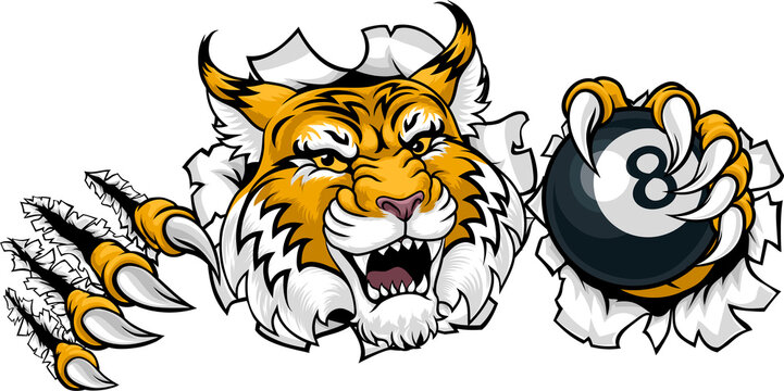 A wildcat bobcat lynx angry mean pool billiards mascot cartoon character holding a black 8 ball.

