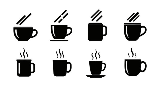 Hot drink cup icons set with steam vector collection of black silhouette beverage mugs isolated on white background
