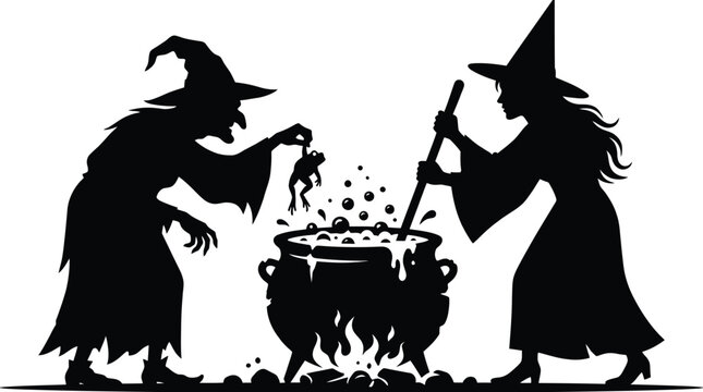Two mysterious witches preparing a magical potion in a boiling cauldron for this vector graphic illustration