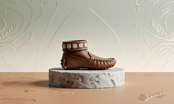 Brown leather moccasin shoe displayed on stone pedestal background  