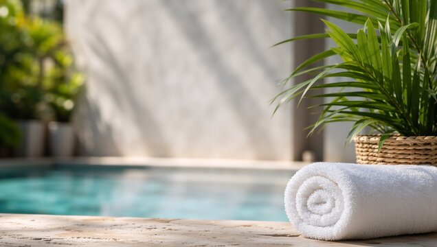 Rolled white towel on a stone poolside. Luxury spa and resort concept with swimming pool and palm plant. Summer vacation and wellness background