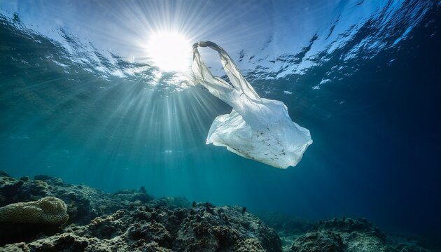 underwater view of discarded plastic bag drifting with sunbeams