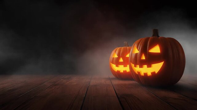 Spooky Glowing Jack O Lantern Halloween Pumpkins on Dark Wooden Floor with Fog, Cinematic 1080p Seasonal Background