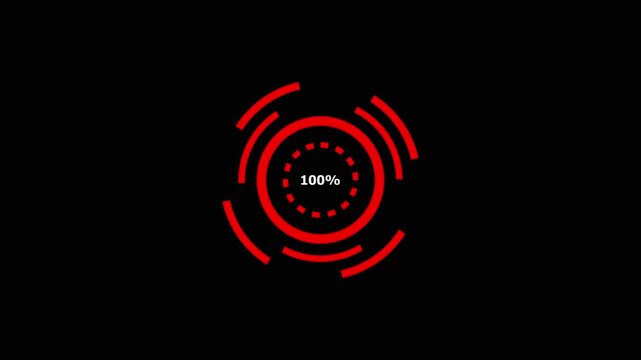 Futuristic circular loading indicator with 100 percent progress in white circle. Loading animation 