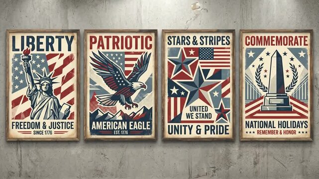 Collection of vintage American patriotic posters with eagle and Statue of Liberty.