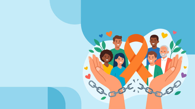 World day against trafficking in persons concept with diverse people behind hands breaking chains and orange ribbon illustration