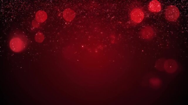 Abstract Luxury Holiday Background with Red Sparkling Bokeh Particles and Glitter on Dark Matte Surface, Cinematic Full HD Loop