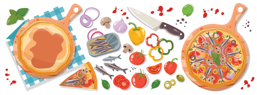 anchovies vegetables Pizza mediterranean recipe constructor illustration dough base with sauce topped pizza and food ingredients for menu design book recipes cooking class Italian cafe pizzeria menu
