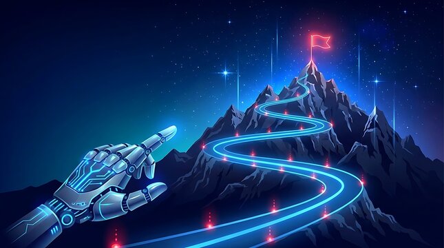Robotic hand pointing to glowing mountain path with flag