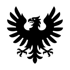 Naklejka premium A bold, black-and-white heraldic vector illustration of a majestic eagle with wings spread. This classic icon symbolizes strength, power, and authority in design.