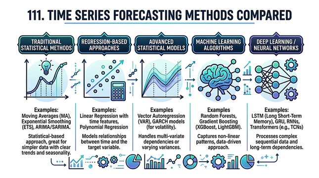 Time series forecasting methods comparison infographic for data science