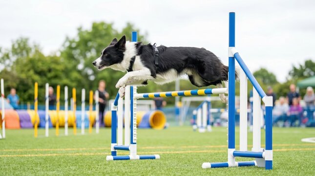 A border collie leaps over a colorful hurdle at an agility event in a city park. People watch from the sidelines as the dog runs fast and performs well