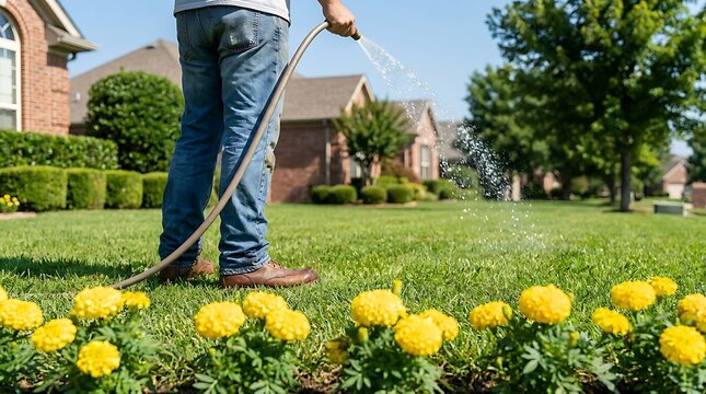 Person watering yellow flowers in a suburban lawn hose