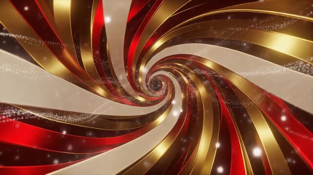 Abstract Christmas Motion Background Featuring Flowing Red Gold and Ivory Ribbons in Seamless Spiral Loop