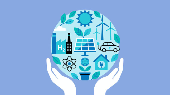 Human hands cradling a circular globe filled with renewable energy symbols like solar panels, wind turbines and hydrogen plants, symbolizing sustainable growth and representing green energy
