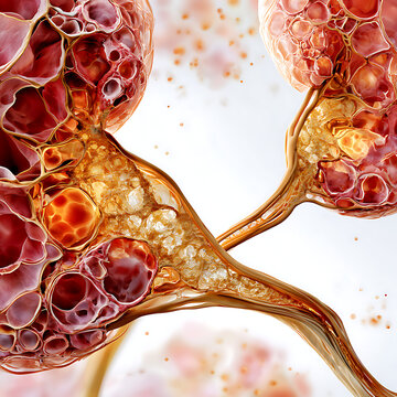 Biological aspects of polycystic kidney disease at the tissue level: dilated renal tubules with cysts, damaged nephrons, fibrous tissue between cysts, details at the cellular level, scientific style o