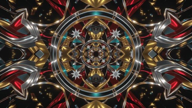 Seamless Loop of Abstract Retro Atomic Age Inspired Christmas Kaleidoscope Patterns with Gold and Red Metallic Elements