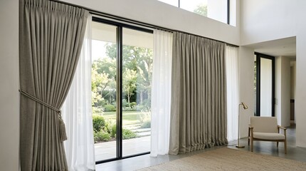 Fototapeta premium Modern Living Room with Elegant Curtains and Garden View