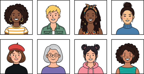 Diverse Female Avatar Profile Portrait Icon Set with Multiethnic Women Characters Different Generations and Hairstyles for Social Media Interfaces © EdGe Creative