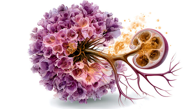Biological illustration of polycystic kidney disease at the cellular and molecular level, demonstrating abnormal cell proliferation, fluid secretion into the cysts, dysfunction of primary cilia, and e