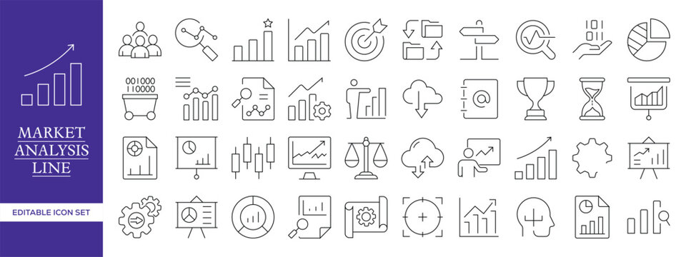 Market Analysis line icon set. Containing market, growth, sales, trends, market research, strategy, Etc. Fully Editable.