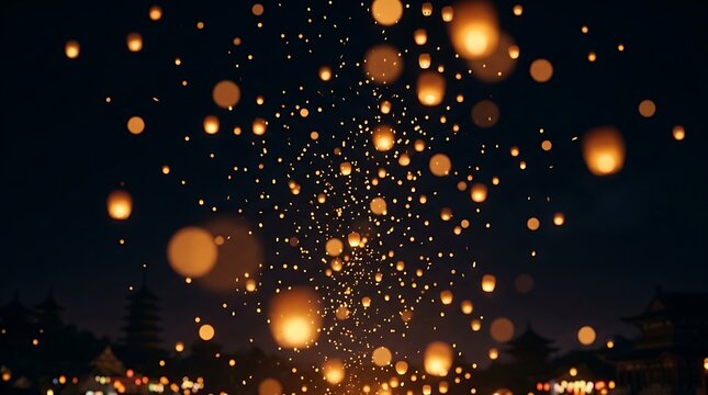 Glowing paper lanterns floating in the night sky at a festival