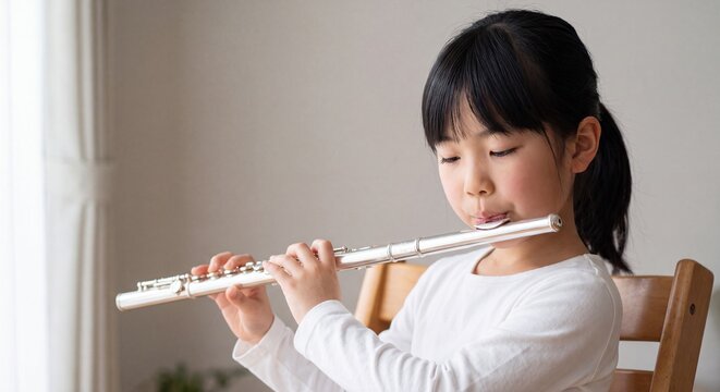A focused young Asian girl practices playing the silver flute in a bright room next to a window.