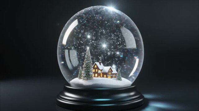Elegant Winter Village inside a Christmas Snow Globe on Dark Polished Surface with Soft Reflections, Cinematic Holiday Motion Background