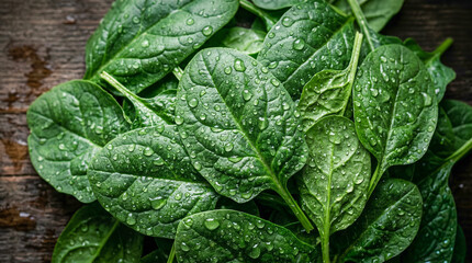 Top down view shows a pile of fresh green baby spinach leaves covered in sparkling water droplets, resting beautifully on a rustic dark wooden surface. © Ibnu Fatah