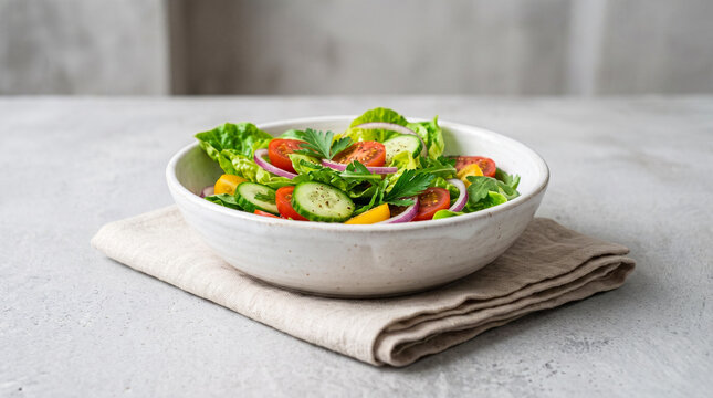 White ceramic bowl filled with a fresh garden salad of crisp lettuce, cucumbers, colorful tomatoes, and red onions rests on a folded linen napkin.
