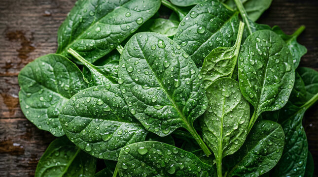 Top down view shows a pile of fresh green baby spinach leaves covered in sparkling water droplets, resting beautifully on a rustic dark wooden surface.