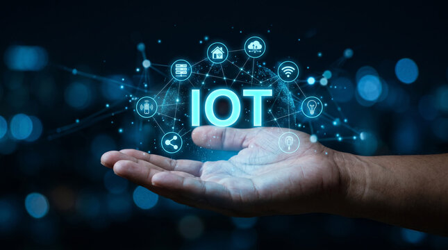 Hand holding IOT text surrounded by digital network icons.