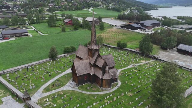 Aerial drone circle around Lom Stavkyrkje, Norway