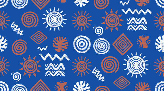 Seamless hand drawn ethnic tribal pattern with sun and spiral shapes on blue background, representing creative textile printing and illustrating authentic cultural wallpaper decor