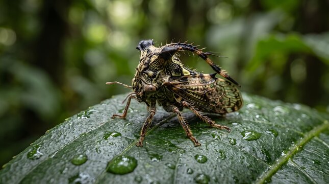 Rare Tropical Treehopper Insect Macro Close Up on Green Jungle Leaf