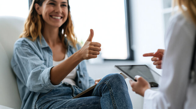 Happy patient giving thumbs up during medical consultation, smiling after healthcare appointment, positive treatment outcome, trust, wellness and quality medical care