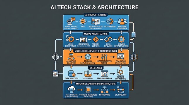 Artificial intelligence tech stack and architecture infographic