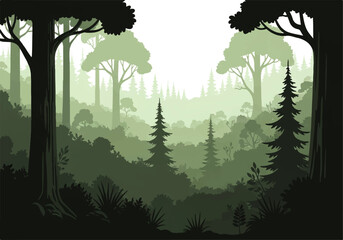 Fototapeta premium Vector flat design illustration of a dense green forest landscape with tall trees and misty atmosphere