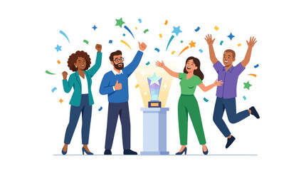 Obraz premium Diverse Team Celebrates Success with Trophy and Confetti Illustration