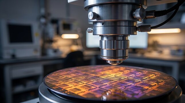 Microscope examining colorful semiconductor wafer chip