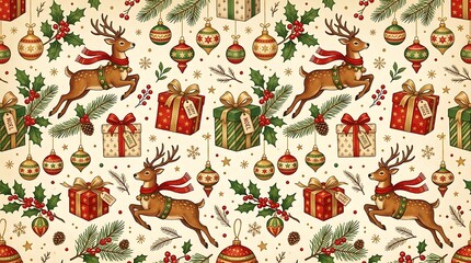 Fototapeta premium Vintage christmas pattern with jumping reindeer and red gift boxes on cream background.
