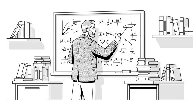 Professor writing complex mathematical equations on a classroom whiteboard.