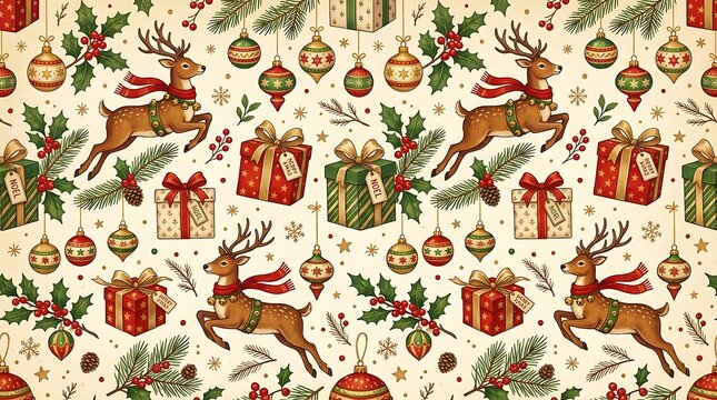 Vintage christmas pattern with jumping reindeer and red gift boxes on cream background.